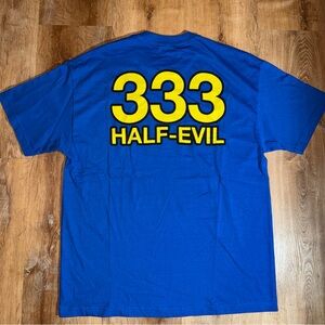 Half Evil 333 Logo Tee Shirt XL Blue Yellow Short Sleeve Skater NWOT *small hole